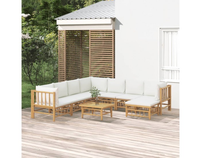 Sonata Set mobilier de grădină, cu perne alb crem, 9 piese, bambus