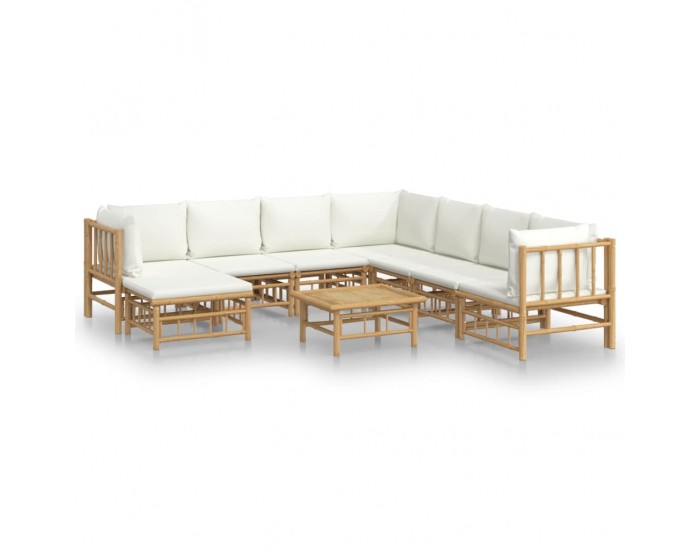 Sonata Set mobilier de grădină, cu perne alb crem, 9 piese, bambus