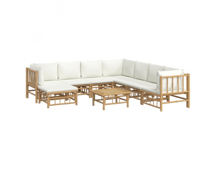 Sonata Set mobilier de grădină, cu perne alb crem, 9 piese, bambus