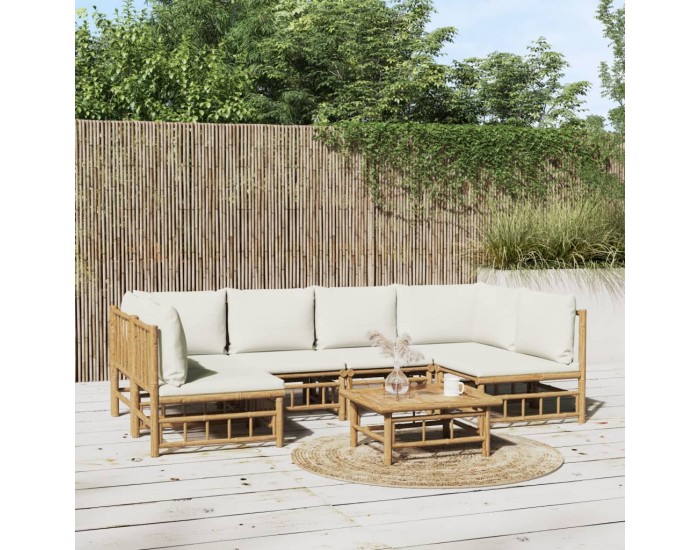 Sonata Set mobilier de grădină cu perne alb crem, 7 piese, bambus
