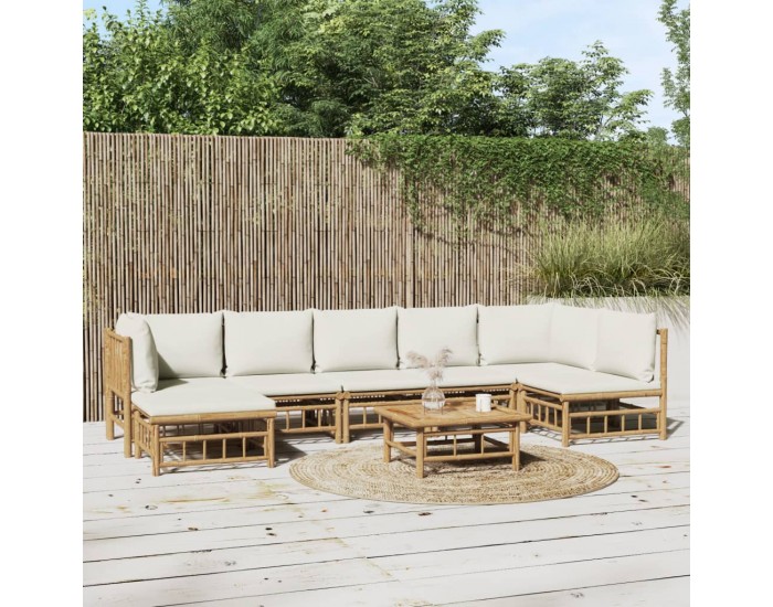 Sonata Set mobilier de grădină, cu perne alb crem, 8 piese, bambus