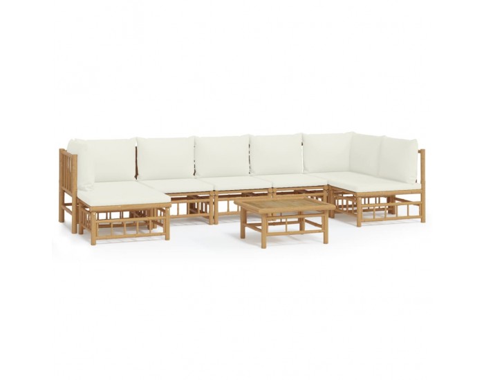 Sonata Set mobilier de grădină, cu perne alb crem, 8 piese, bambus