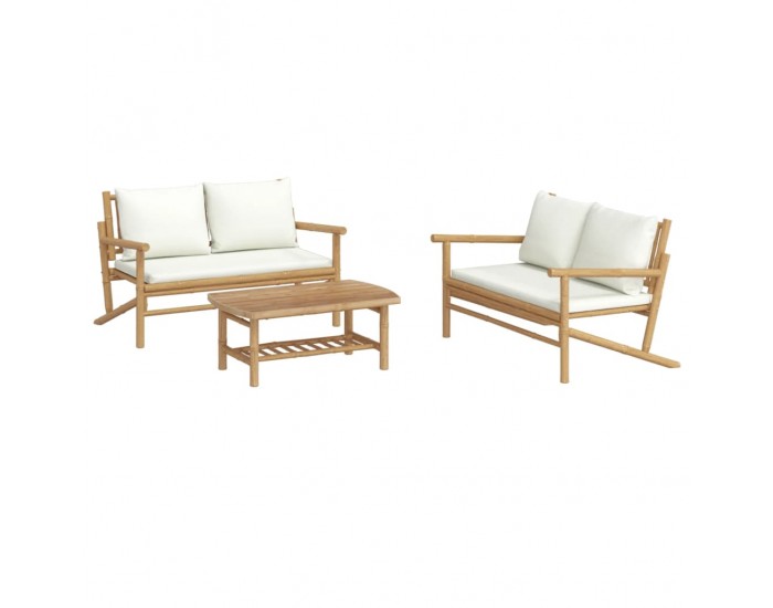 Sonata Set mobilier de grădină, cu perne alb crem, 3 piese, bambus