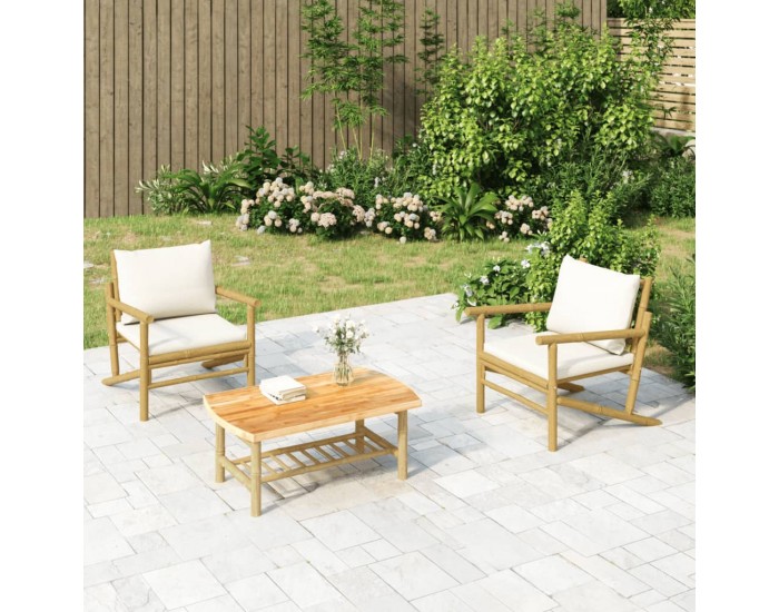 Sonata Set mobilier de grădină, cu perne alb crem, 3 piese, bambus