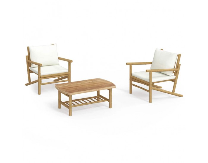 Sonata Set mobilier de grădină, cu perne alb crem, 3 piese, bambus