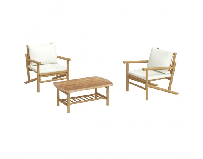 Sonata Set mobilier de grădină, cu perne alb crem, 3 piese, bambus