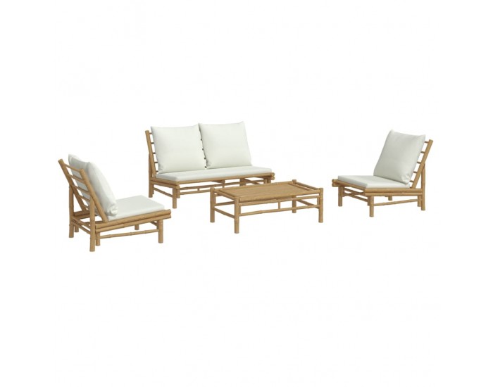 Sonata Set mobilier de grădină, cu perne alb crem, 4 piese, bambus
