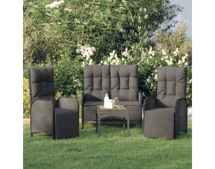 Sonata Set mobilier de grădină cu perne, 3 piese, negru, poliratan