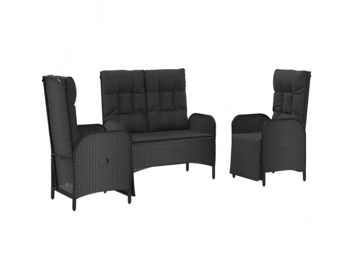 Sonata Set mobilier de grădină cu perne, 3 piese, negru, poliratan