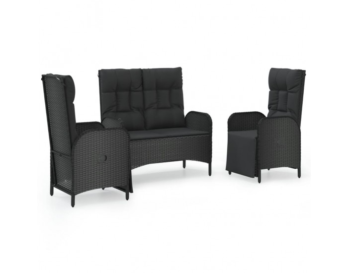 Sonata Set mobilier de grădină cu perne, 3 piese, negru, poliratan