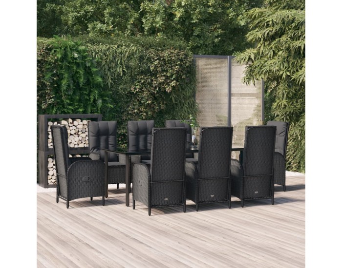 Sonata Set mobilier de grădină cu perne, 9 piese, negru, poliratan
