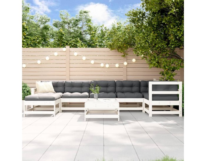 Sonata Set mobilier de grădină cu perne, 8 piese, alb, lemn masiv