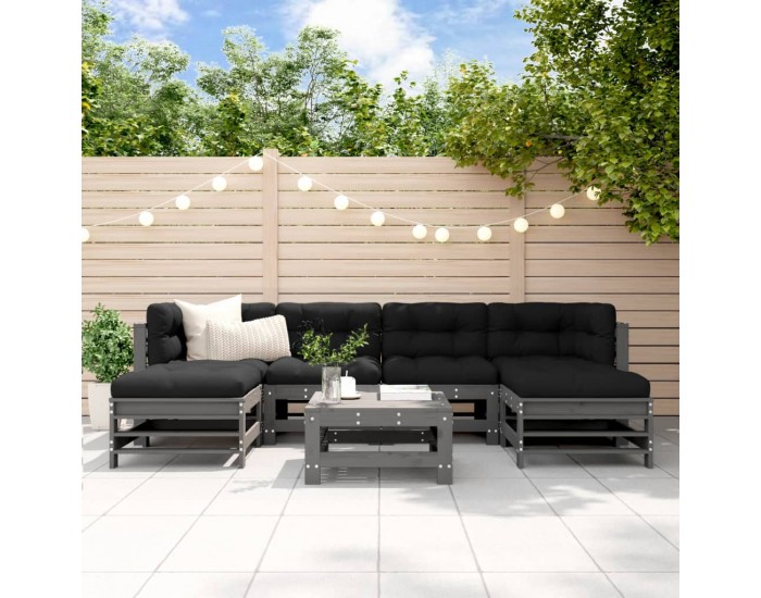 Sonata Set mobilier de grădină cu perne, 7 piese, gri, lemn masiv
