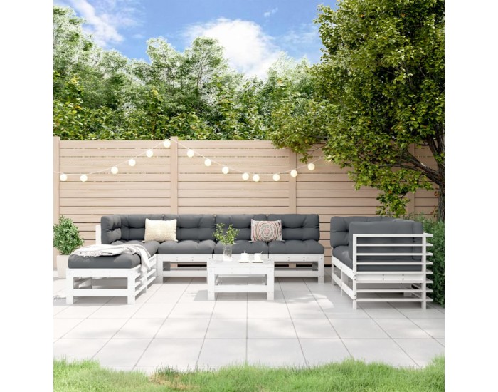 Sonata Set mobilier de grădină, 9 piese, alb, lemn masiv pin