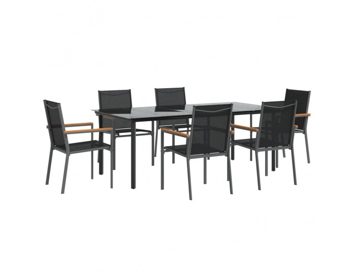 Sonata Set mobilier de grădină, 7 piese, negru, textilenă și oțel