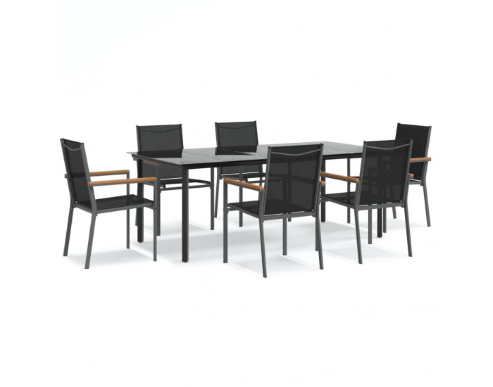 Sonata Set mobilier de grădină, 7 piese, negru, textilenă și oțel