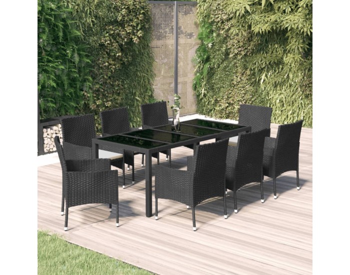 Sonata Set mobilier de grădină cu perne, 9 piese, negru, poliratan