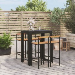 Sonata Set bar pentru grădină, 5 piese, negru, poliratan/lemn acacia