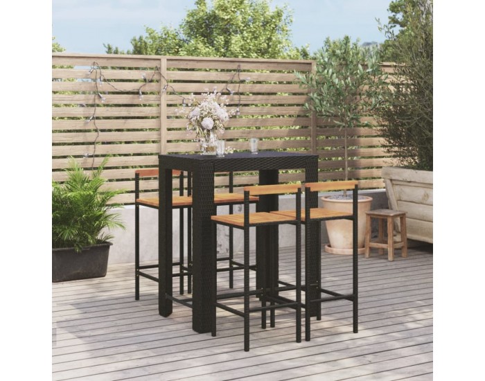 Sonata Set bar pentru grădină, 5 piese, negru, poliratan/lemn acacia