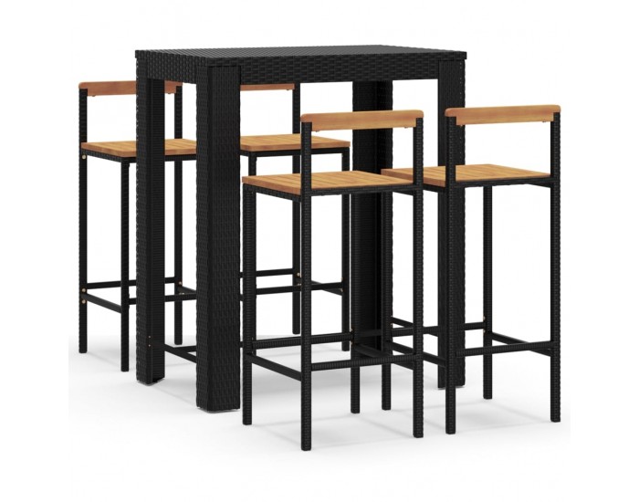 Sonata Set bar pentru grădină, 5 piese, negru, poliratan/lemn acacia