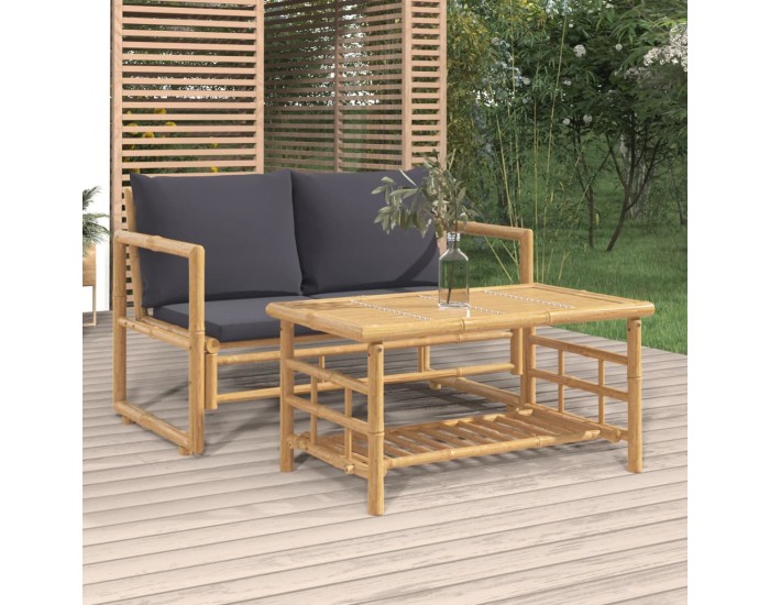 Sonata Set mobilier de grădină cu perne gri închis, 2 piese, bambus