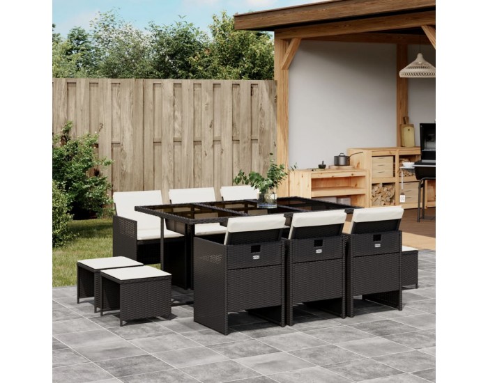 Sonata Set mobilier de exterior cu perne, 11 piese, negru, poliratan