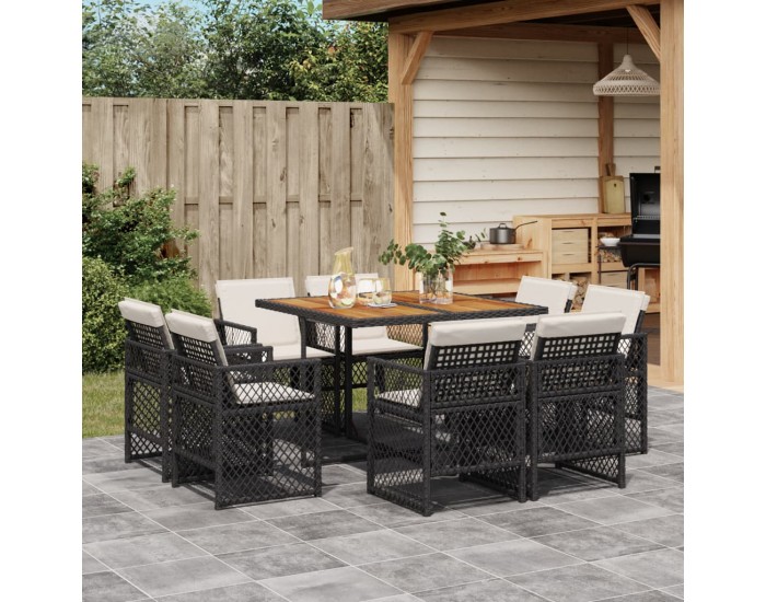 Sonata Set mobilier de grădină cu perne, 9 piese, negru, poliratan