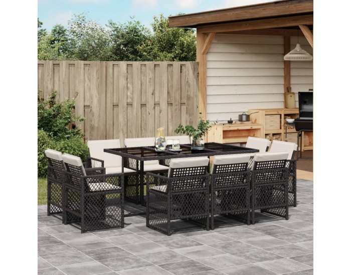 Sonata Set mobilier de exterior cu perne, 11 piese, negru, poliratan
