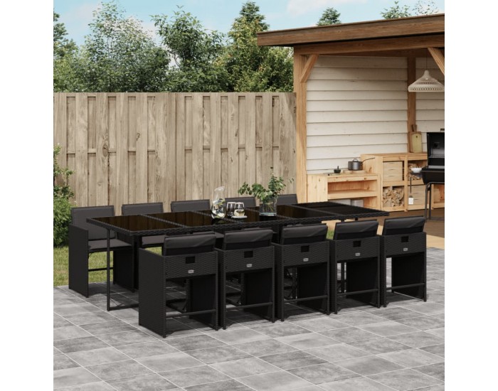 Sonata Set mobilier de exterior cu perne, 11 piese, negru, poliratan