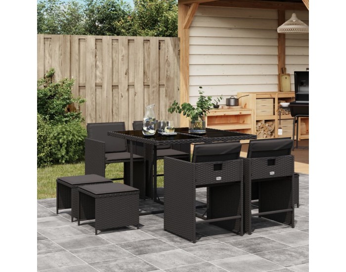 Sonata Set mobilier de grădină cu perne, 9 piese, negru, poliratan