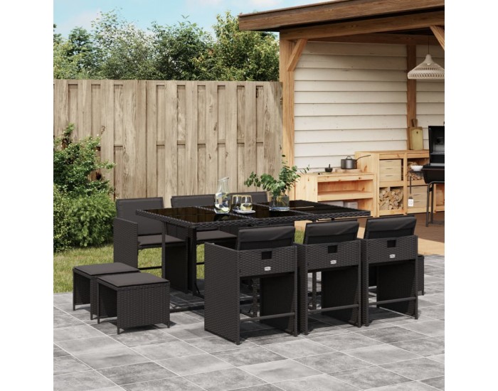 Sonata Set mobilier de exterior cu perne, 11 piese, negru, poliratan