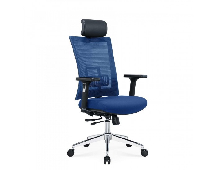 Ергономичен стол RFG Luxe Chrome HB, дамаска и меш, Multi-function механизъм, до 120 kg, син