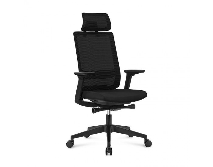 Ергономичен стол RFG Meteor X Black HB, дамаска и меш, до 130 kg, черна седалка, черна облегалка