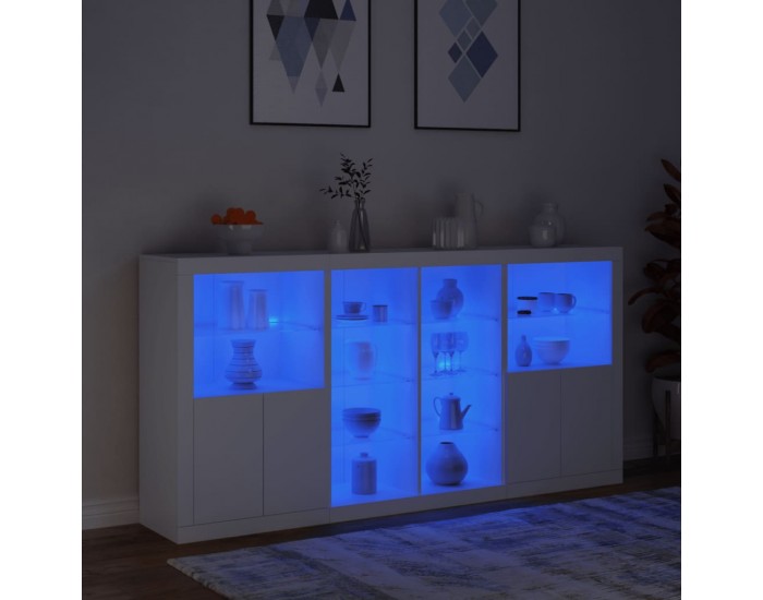 Sonata H Сайдборд с LED светлини, бял, 202x37x100 см