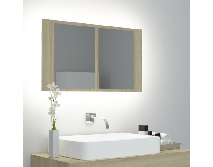 Sonata H Шкаф с LED огледало за баня, дъб сонома, 80x12x45 см, акрил