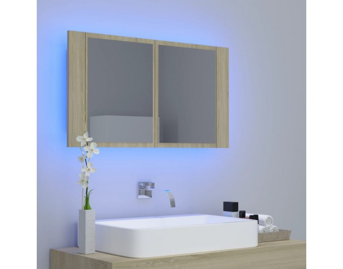 Sonata H Шкаф с LED огледало за баня, дъб сонома, 80x12x45 см, акрил
