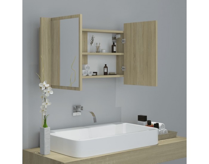 Sonata H Шкаф с LED огледало за баня, дъб сонома, 80x12x45 см, акрил