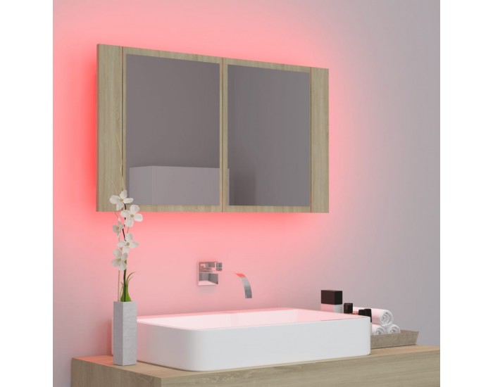 Sonata H Шкаф с LED огледало за баня, дъб сонома, 80x12x45 см, акрил