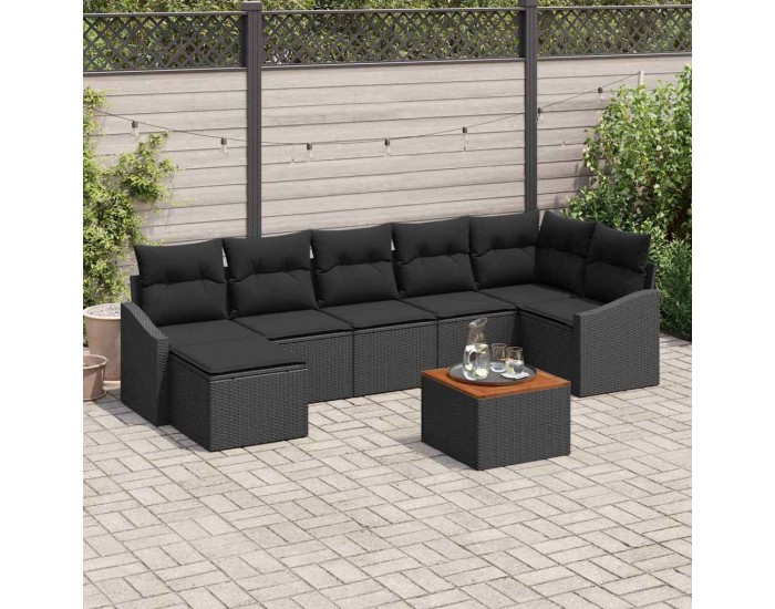 Sonata H 8 Piece Garden Sofa Set with Cushions Black Poly Rattan Acacia