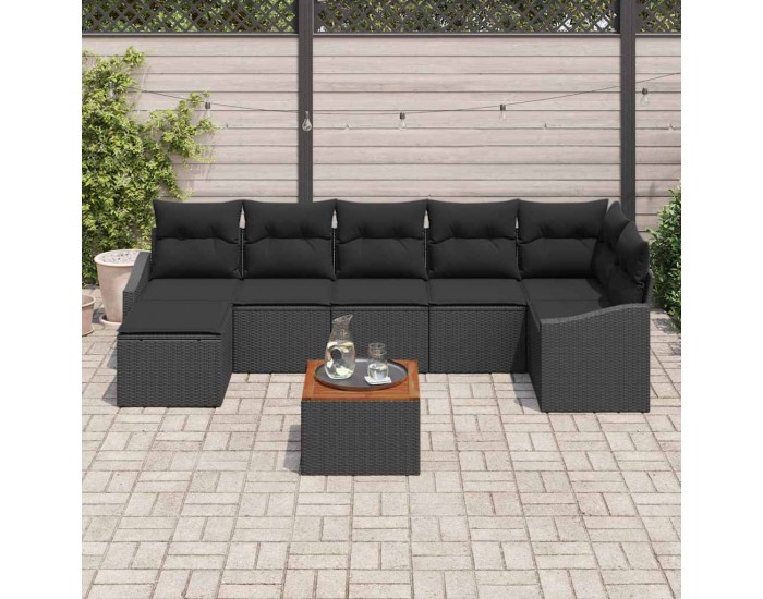 Sonata H 8 Piece Garden Sofa Set with Cushions Black Poly Rattan Acacia