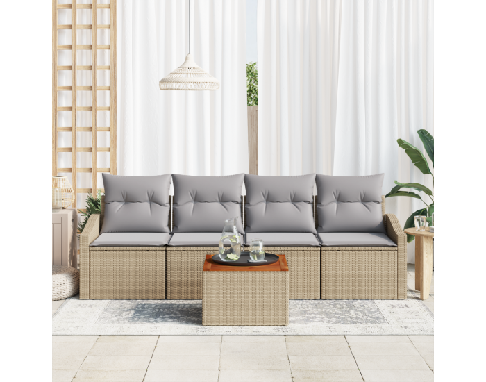 Sonata H Комплект градински диван от 5 части с възглавници Бежов полиестер ратан