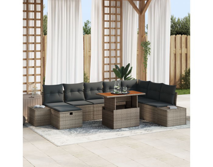 Sonata H 9 части градински комплект с възглавници Сив Poly Rattan Acacia