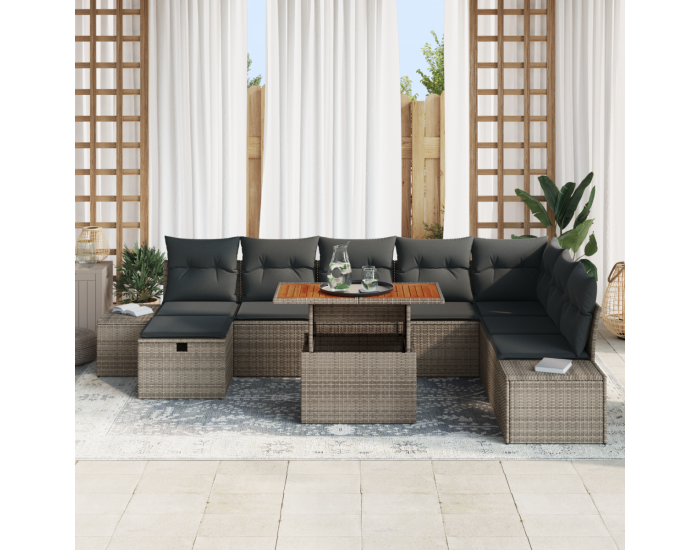 Sonata H 9 части градински комплект с възглавници Сив Poly Rattan Acacia