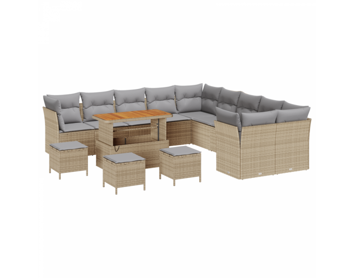 Комплект градински диван Sonata H с 14 части с възглавници Бежов полиестер ратан акация