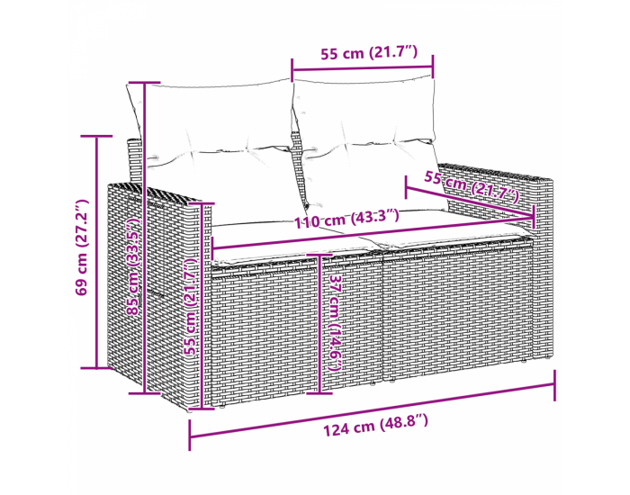 7 Частен комплект градински диван с възглавници черен полипол ратан акация
