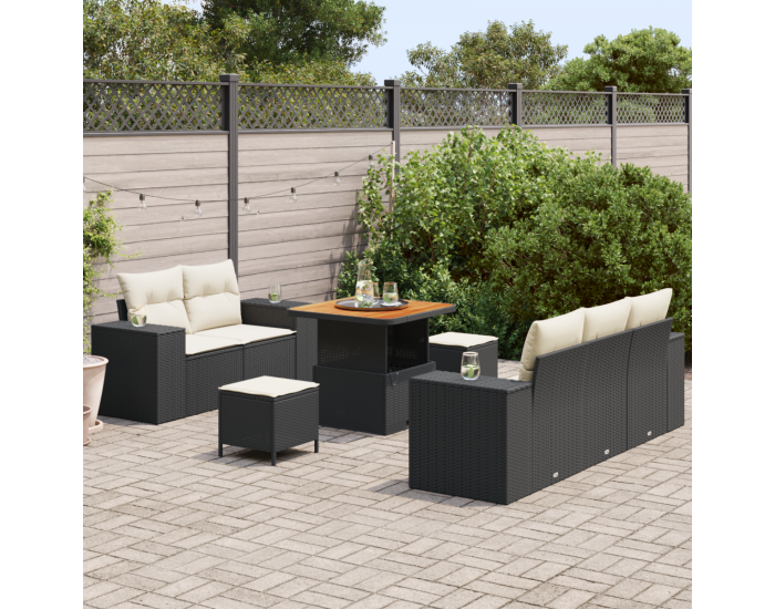 Sonata H 8 Часов Градински Диван Комплект с Възглавници Черен Полиратан Акация