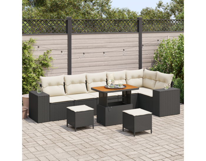 Sonata H 9 Piece Garden Sofa Set with Cushions Black Poly Rattan Acacia