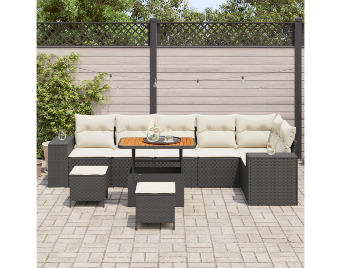 Sonata H 9 Piece Garden Sofa Set with Cushions Black Poly Rattan Acacia