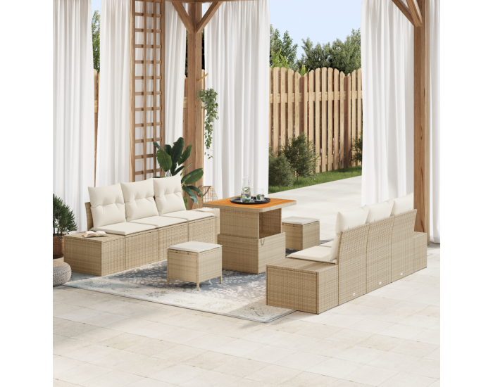 Комплект от 9 части градинска пейка с възглавници Бежов Полиратан Акация