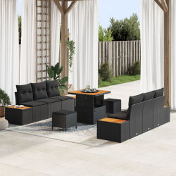 Sonata H 9 Piece Garden Sofa Set with Cushions Black Poly Rattan Acacia - Seturi pentru exterior